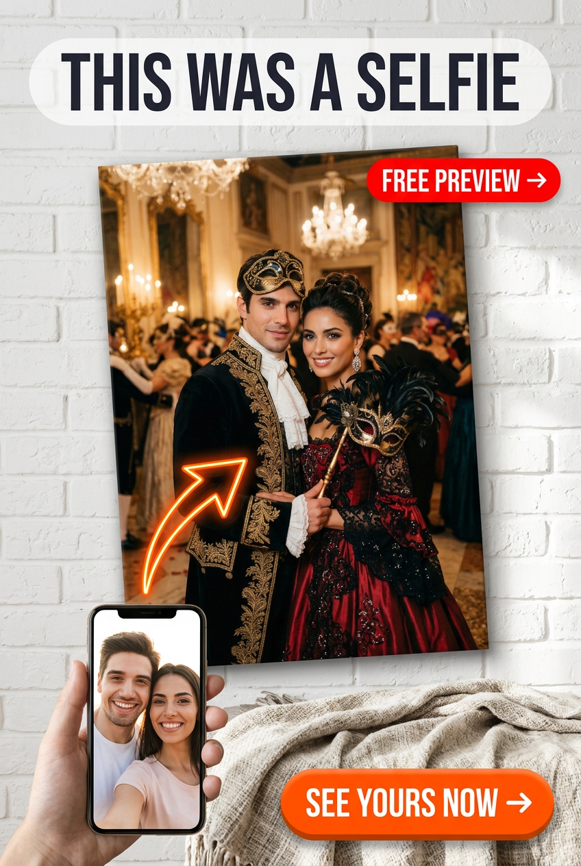Custom Baroque Couple Portrait — Romantic Masquerade Canvas from Photo