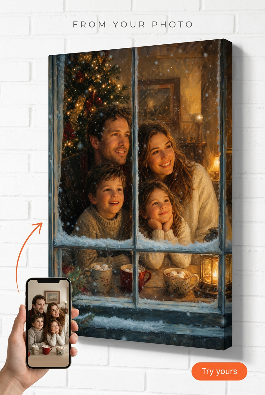 Custom Christmas Family Portrait — Festive Window Scene from Photo