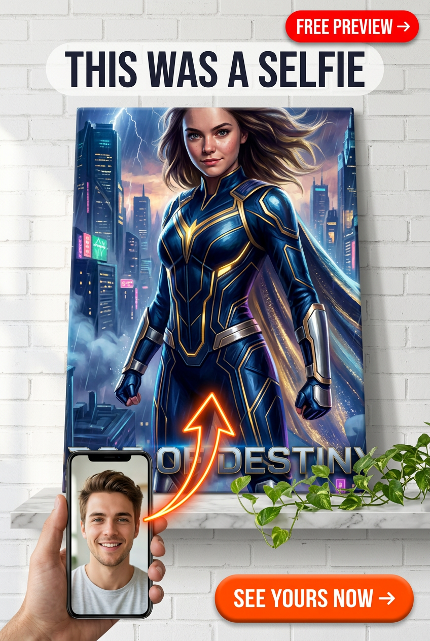 Custom Superhero Man Portrait — Heroic Cityscape Canvas for Her