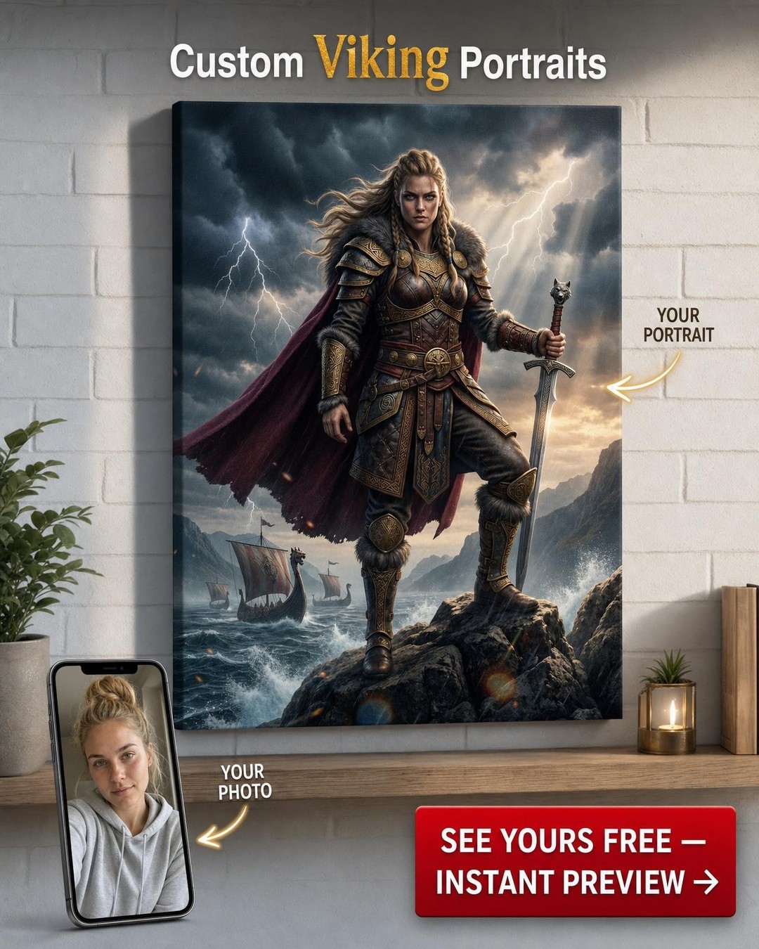 Custom Viking Man Portrait — Regal Warrior Canvas for Her