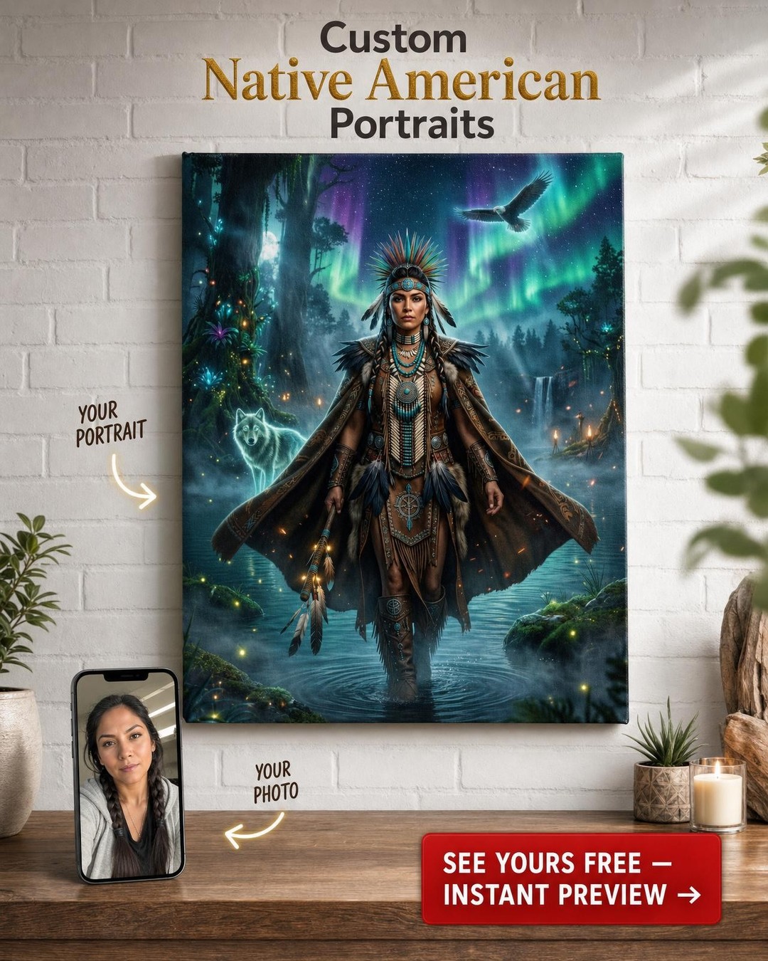 Custom Fantasy Man Portrait — Heroic Northern Lights Canvas