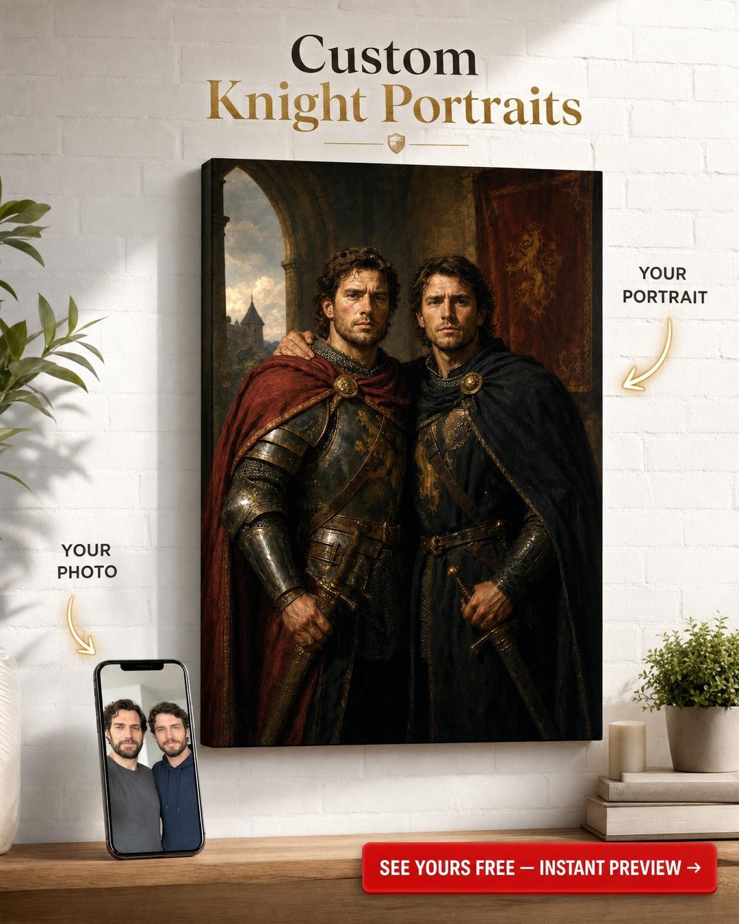 Custom Knight Couple Portrait — Heroic Armor Canvas from Photo