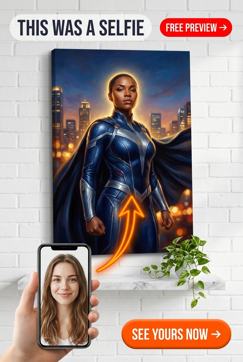 Custom Superhero Woman Portrait — Heroic City Skyline Canvas