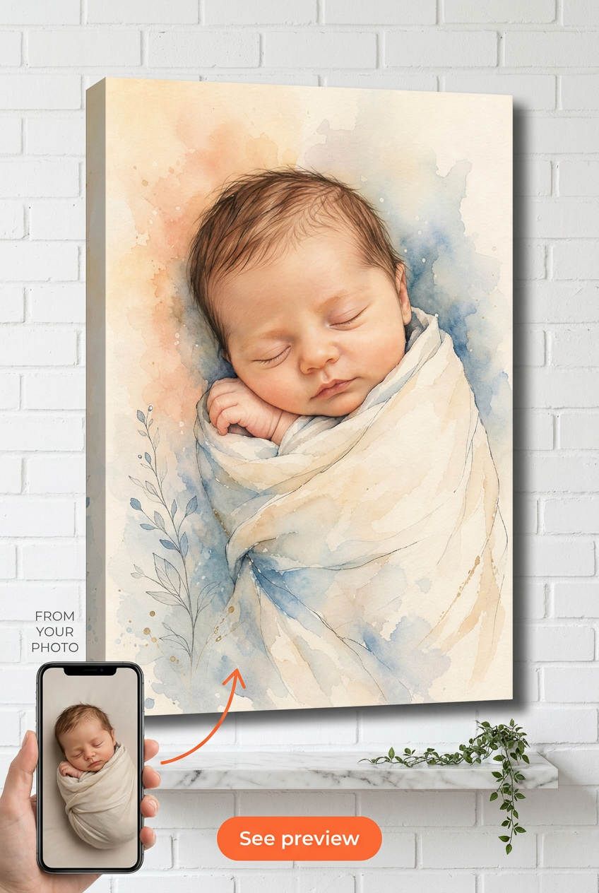 Custom Mother-Child Portrait — Serene Watercolor Canvas from Photo
