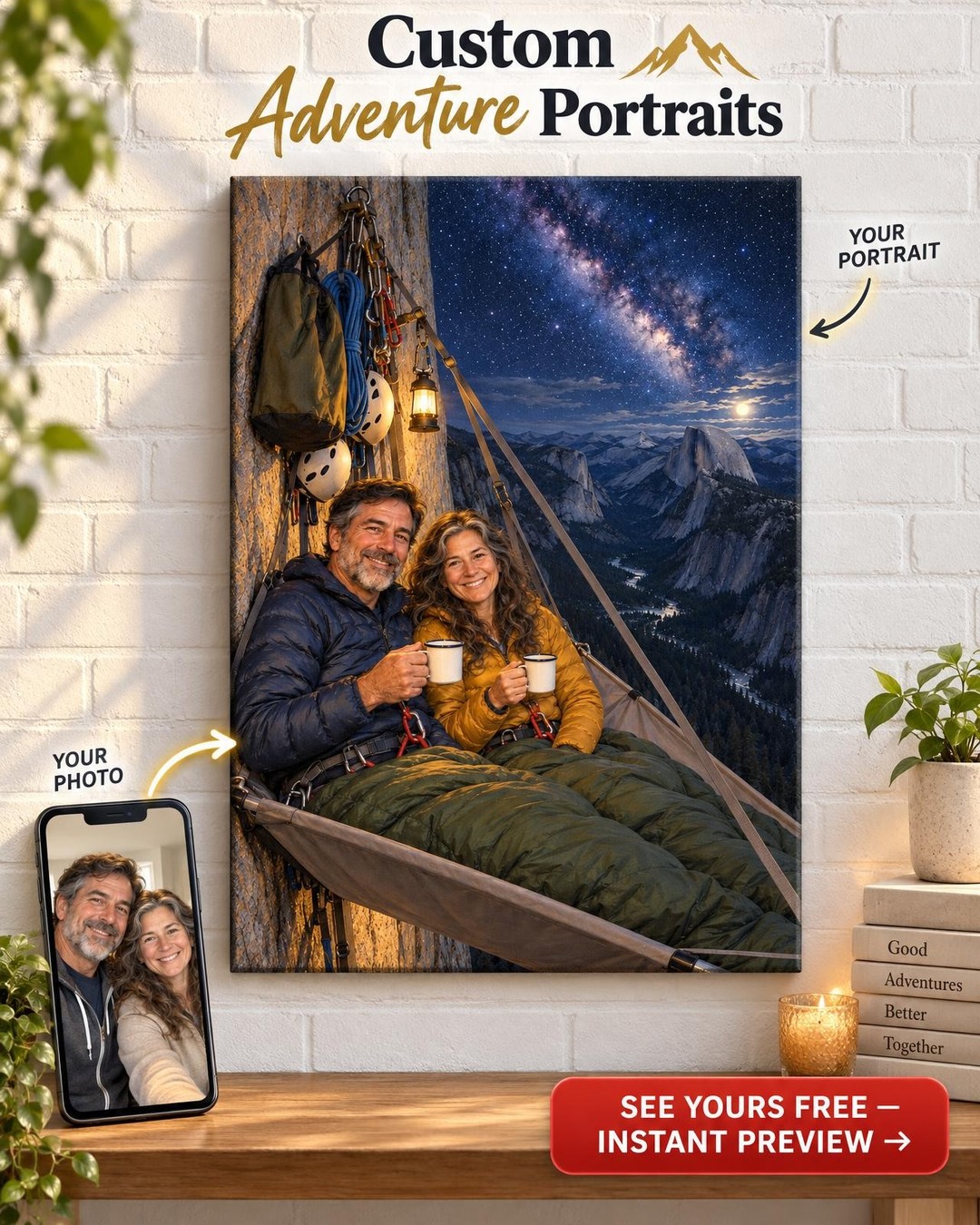Portaledge Night Climbing Couple Custom Portrait from Photo | Personalized Rock Climbing Gift