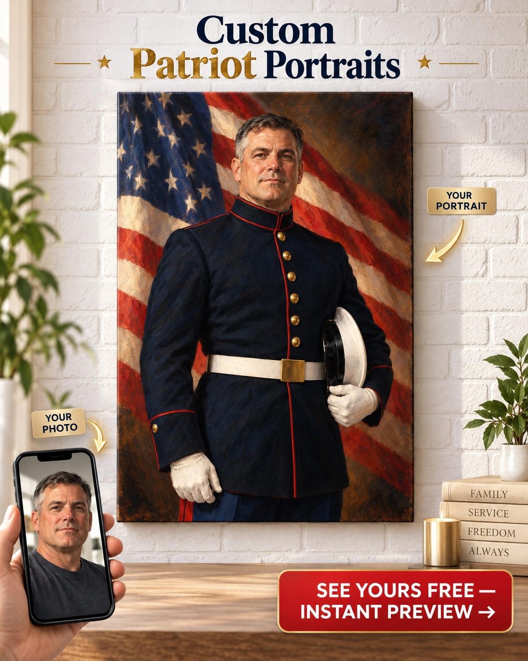 Veteran Dress Blues Flag Custom Portrait from Photo