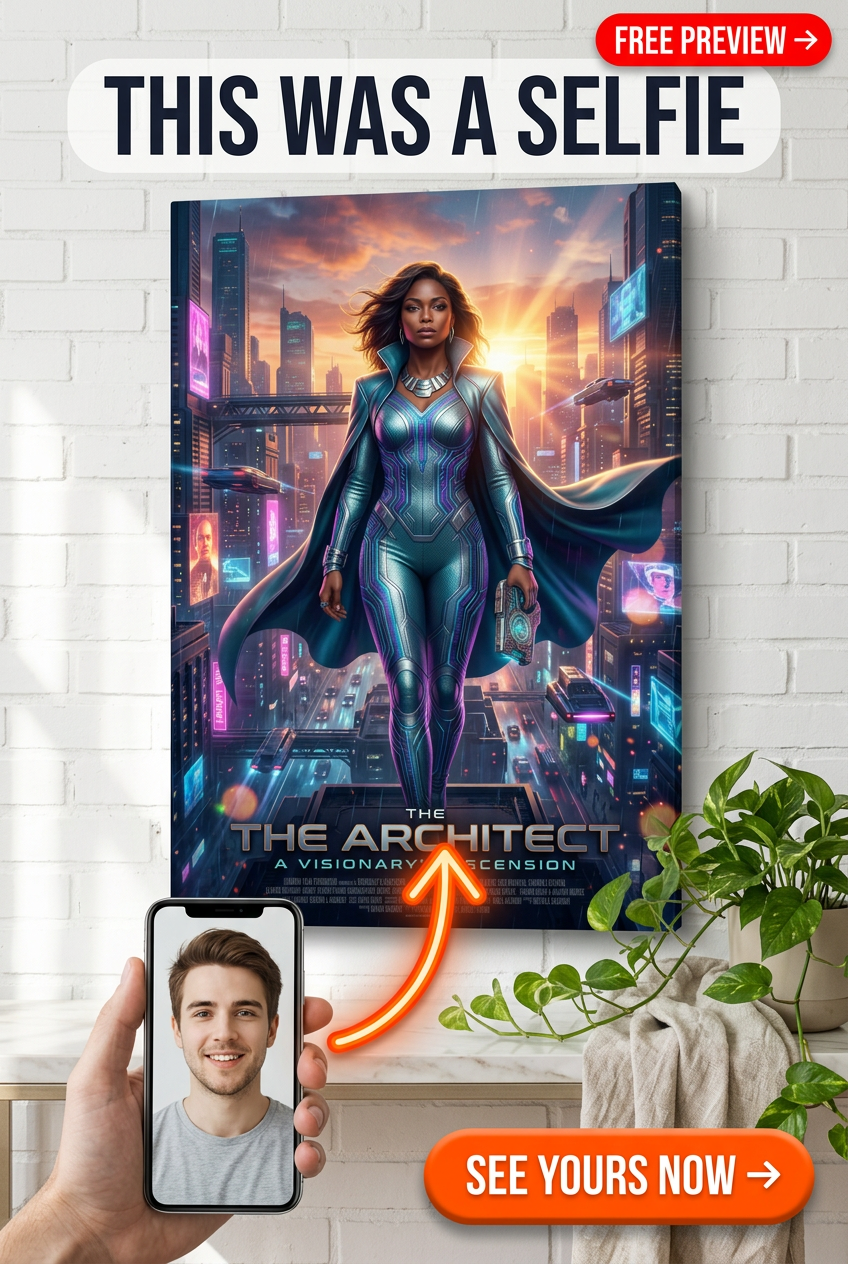 Custom Sci-Fi Man Portrait — Heroic Neon Cityscape Canvas