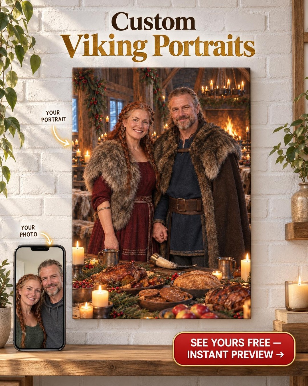 Custom Viking Yule Couple Portrait — Yule Feast in the Great Hall, Canvas from Photo