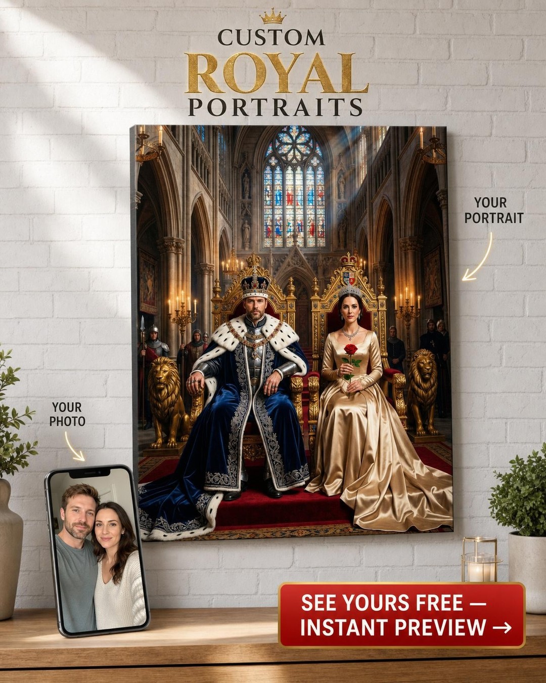 Custom Royal Couple Portrait — Regal Throne Room Canvas from Photo