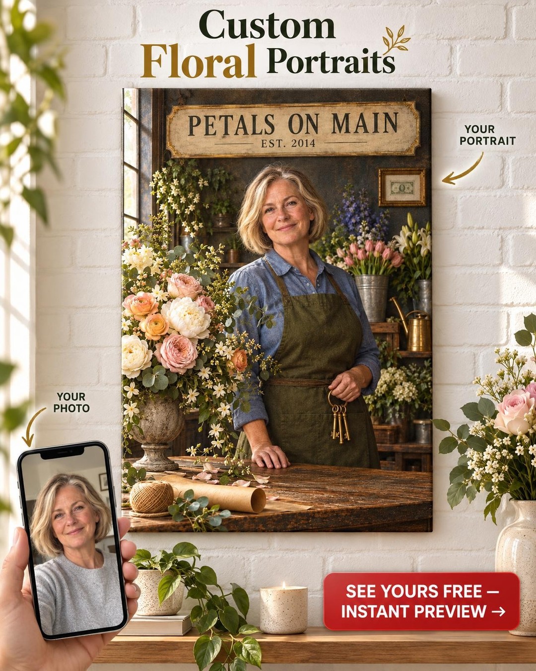 Florist at Dawn Custom Portrait from Photo | Personalized Her Business Portrait Gift