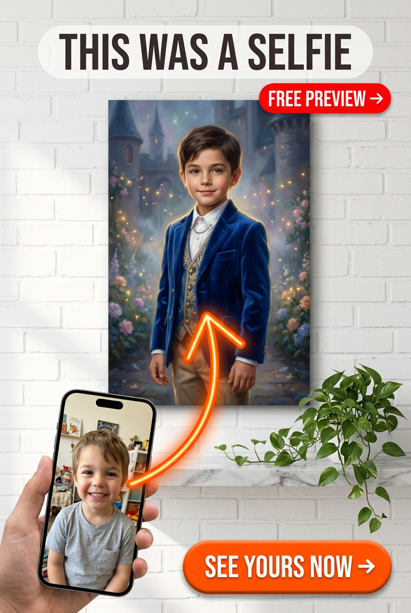 Custom Royal Boy Portrait — Whimsical Castle Canvas from Photo