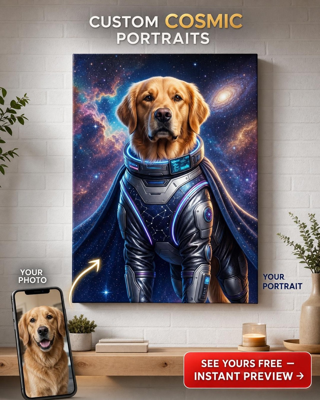 Custom Sci-Fi Dog Portrait — Whimsical Space Suit Canvas