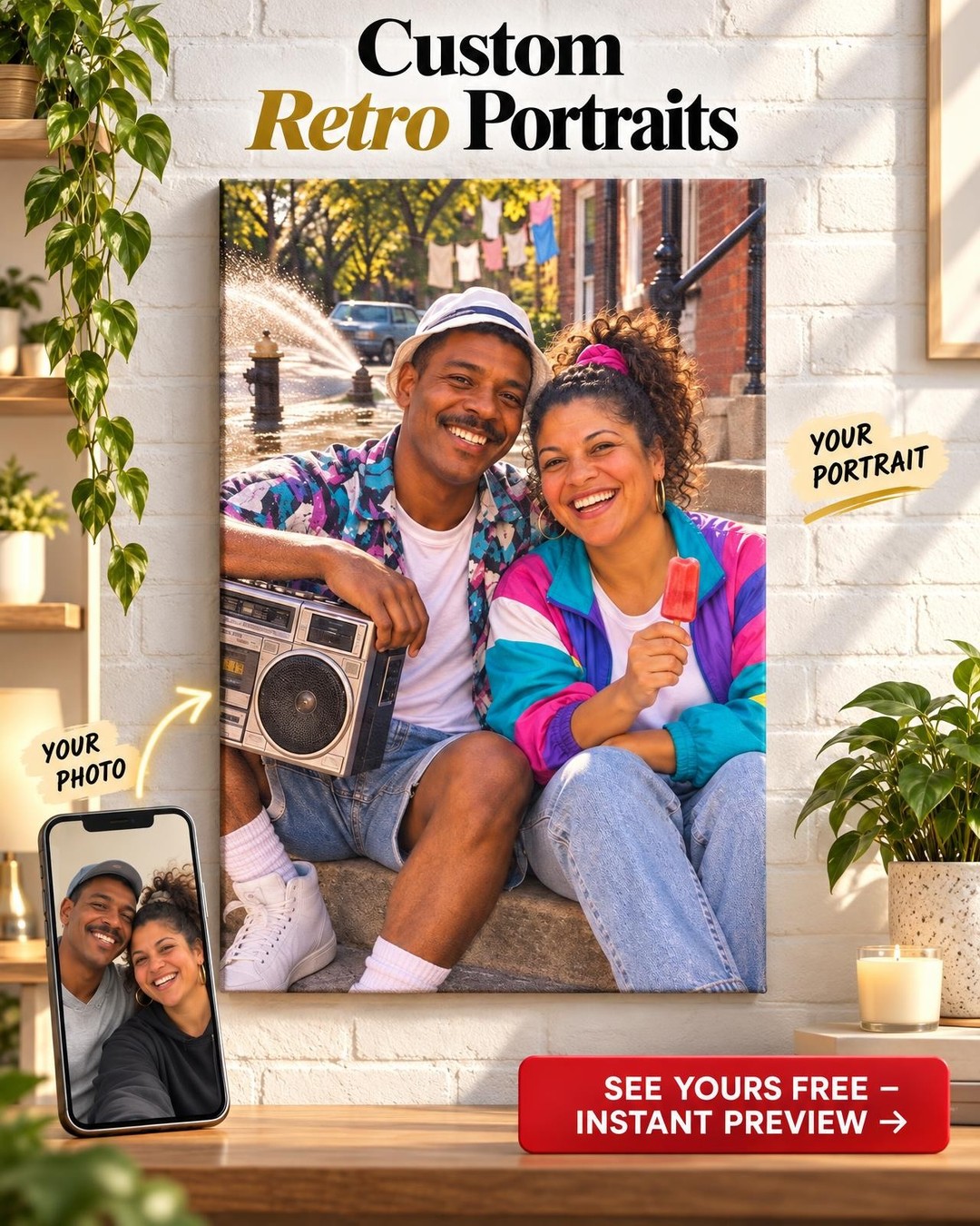 Summer of 1988 Couple Custom Portrait from Photo | Personalized Throwback Portrait Gift