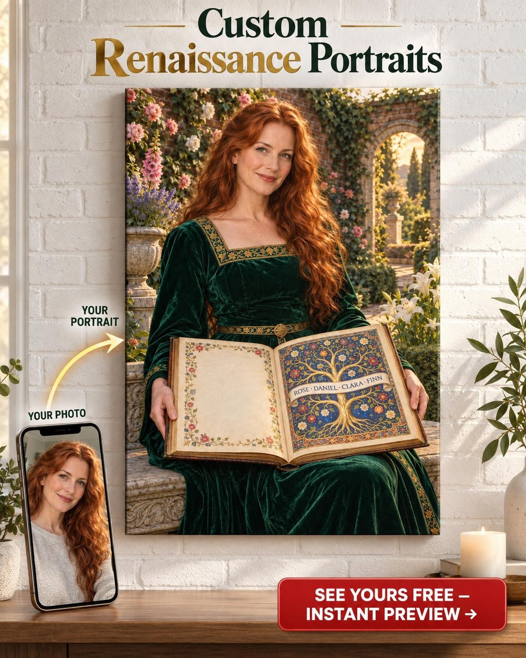 The Family Book Pre-Raphaelite Bonus Mom Portrait Custom Canvas | Personalized Gift