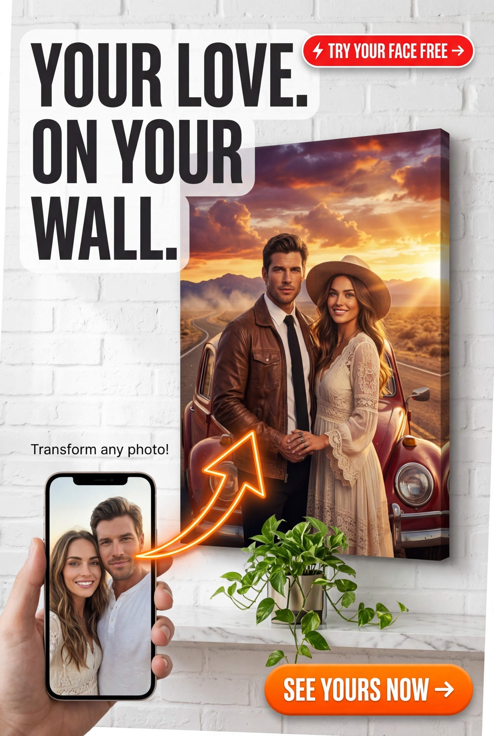 Custom Desert Couple Portrait — Vintage Sunset Romance Canvas