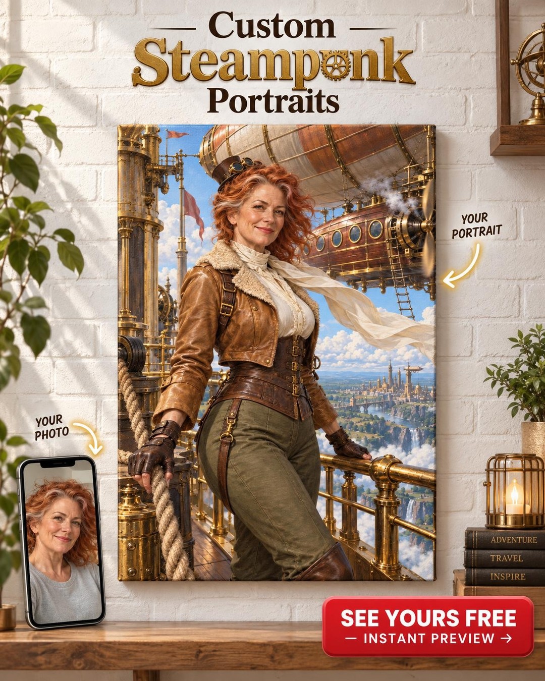 Steampunk Aviatrix Custom Portrait from Photo | Personalized Steampunk Airship Gift