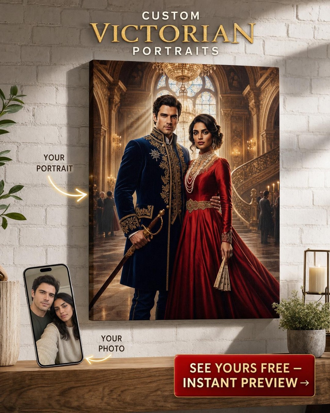 Custom Royal Couple Portrait — Regal Castle Canvas from Photo