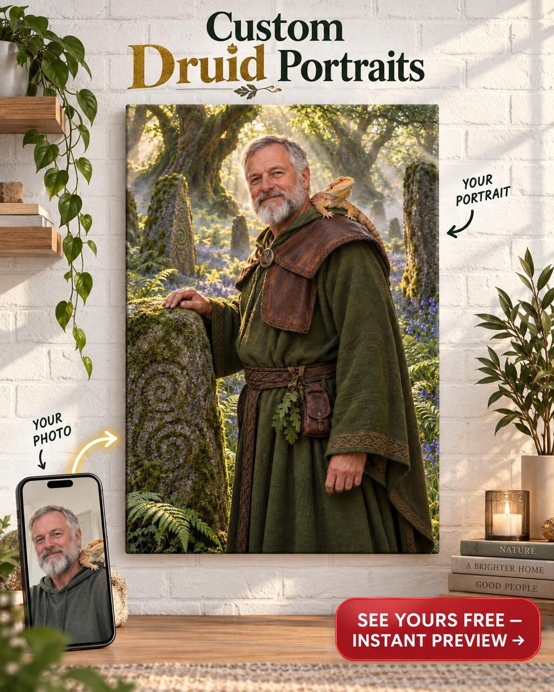 Emerald Druid Custom Portrait from Photo | Personalized Reptile Keeper Gift