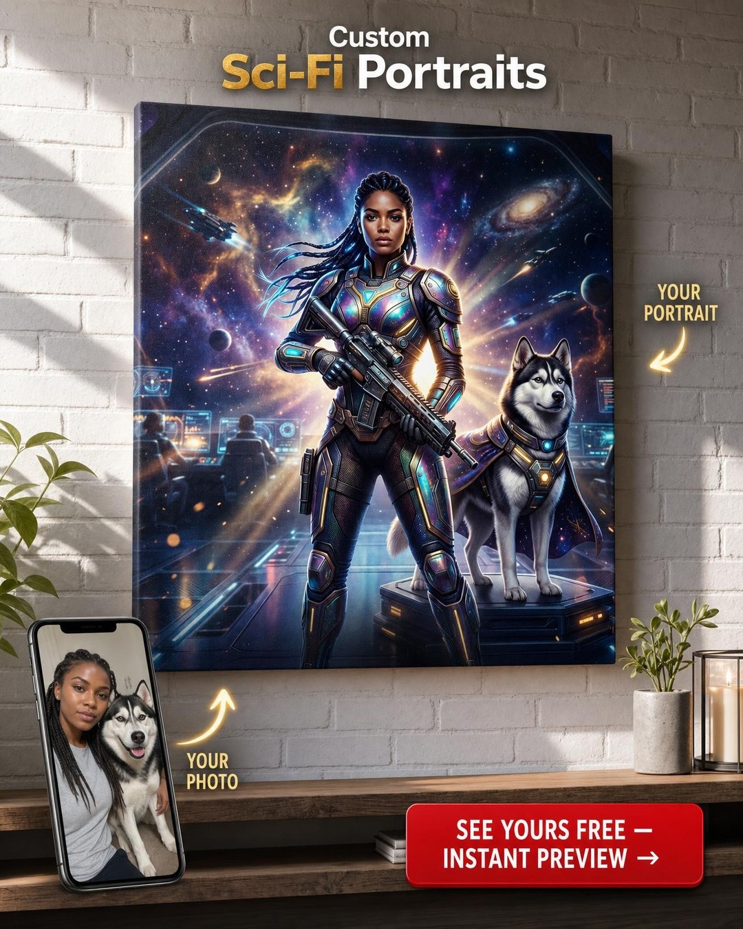 Custom Sci-Fi Dog Portrait — Heroic Space Guardian Canvas for Women