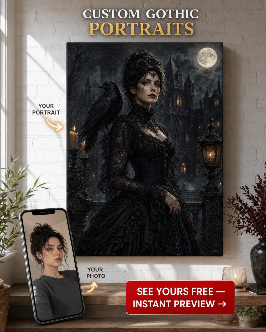 Gothic Victorian Lady Custom Portrait from Photo | Personalized Canvas Gift