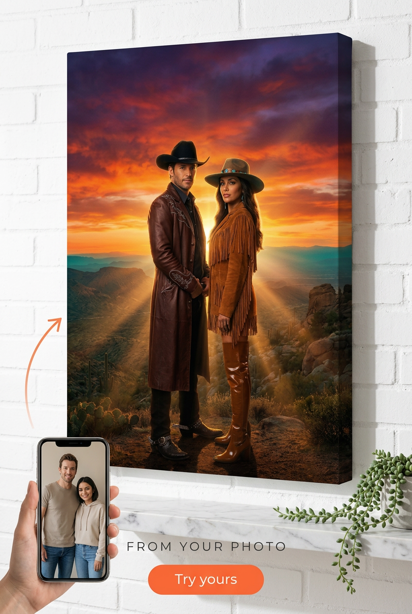 Custom Cowboy Couple Portrait — Romantic Sunset Canvas from Photo