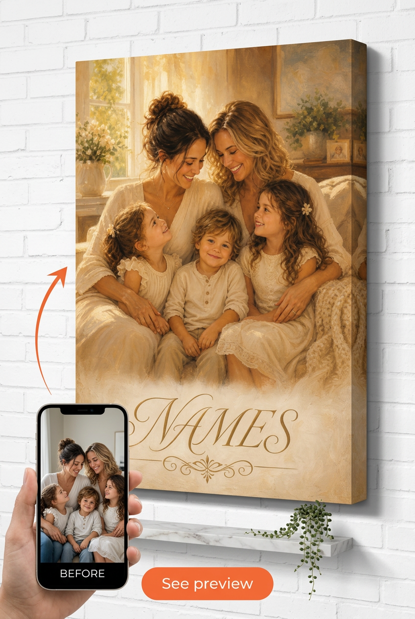 Custom Family Mother-Child Portrait — Serene Floral Canvas from Photo