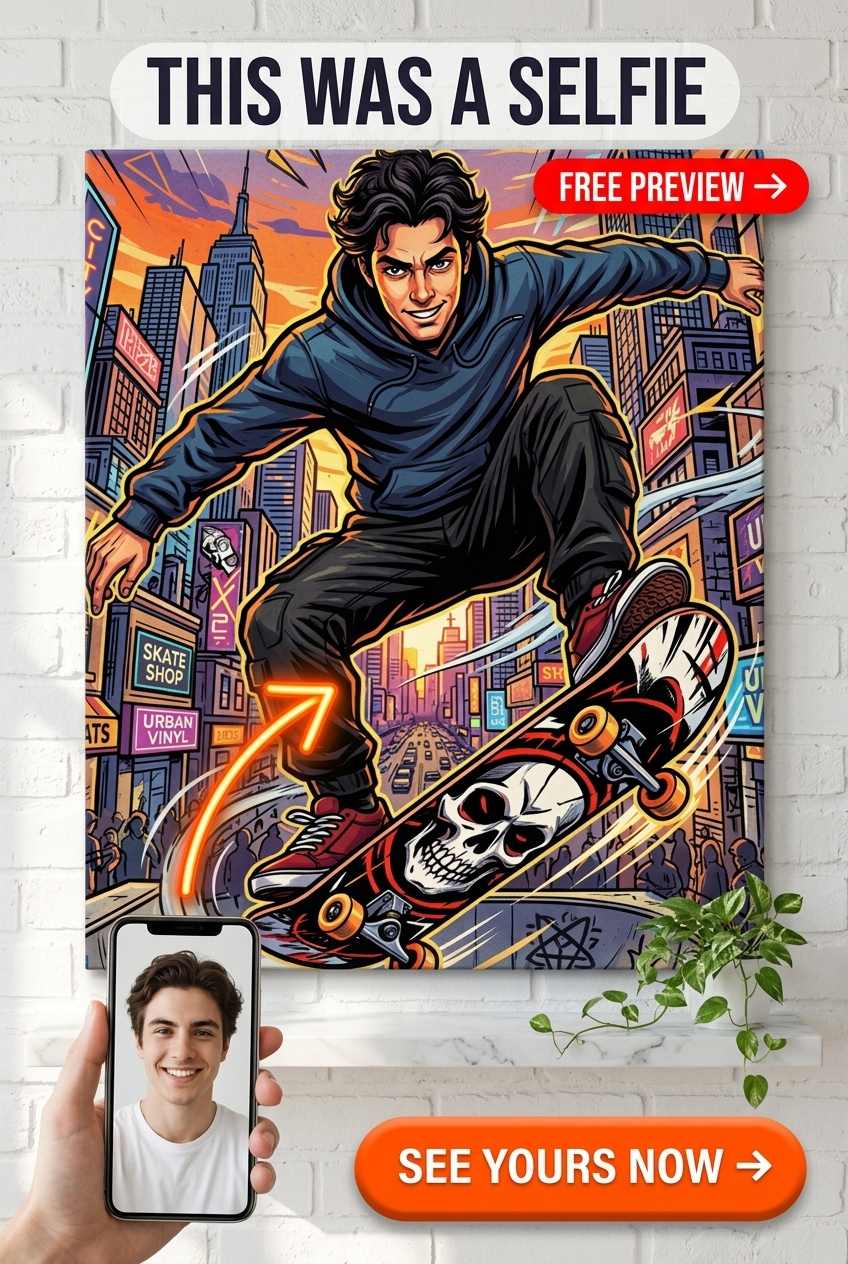 Custom Cartoon Man Portrait — Skateboard Urban Whimsy Canvas