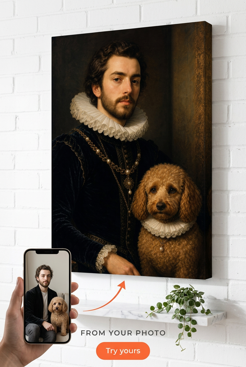 Custom Renaissance Man & Dog Portrait — Regal Canvas from Photo