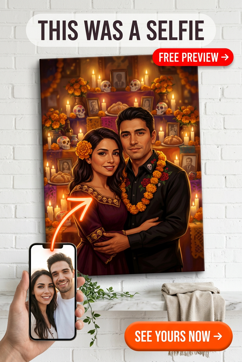 Custom Halloween Couple Portrait — Festive Skulls & Flowers Canvas