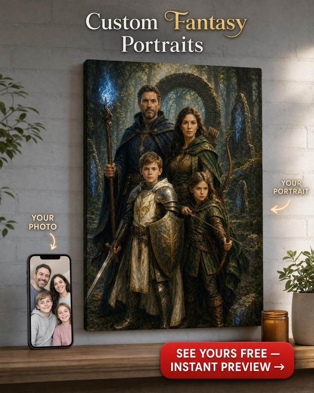 Custom Fantasy Family Portrait — Heroic Adventure Canvas from Photo