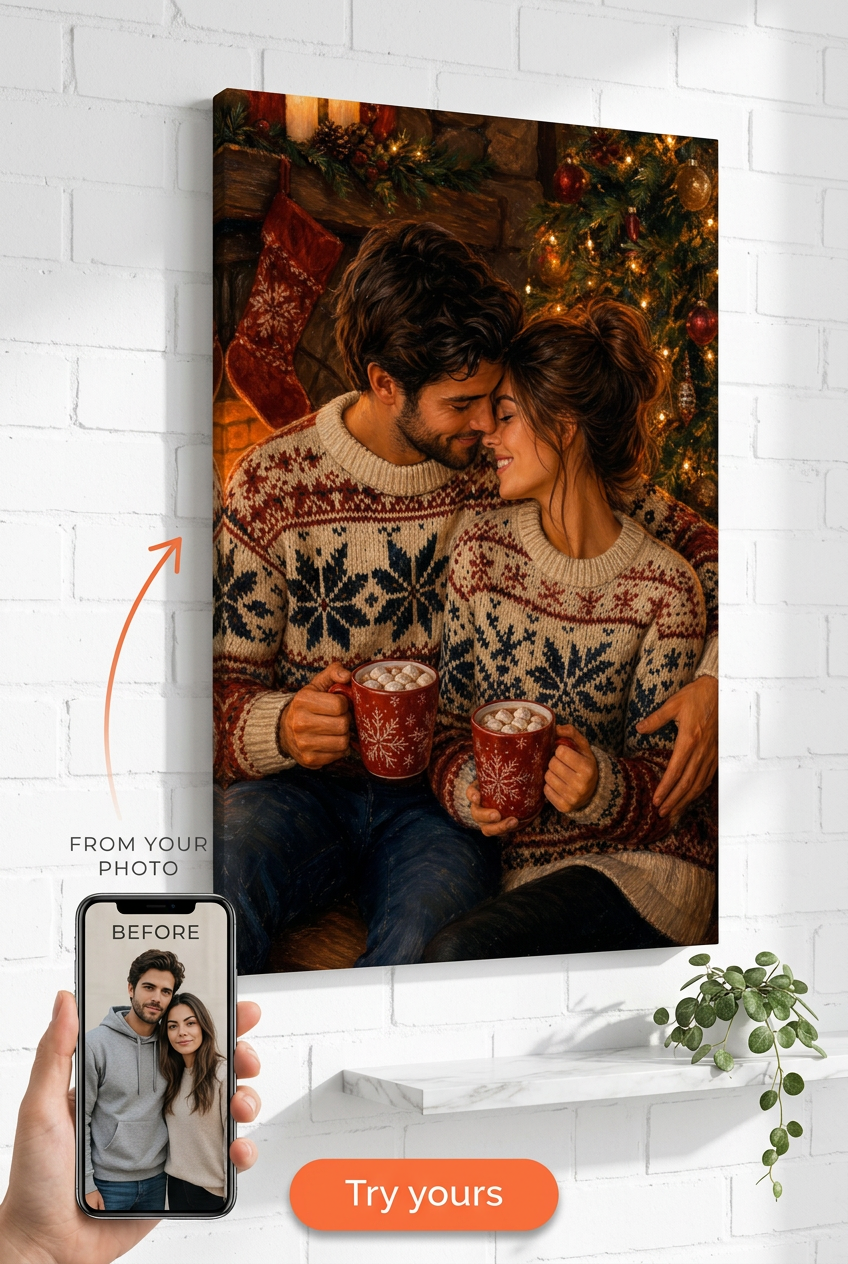 Custom Christmas Couple Portrait — Romantic Fireplace Canvas from Photo