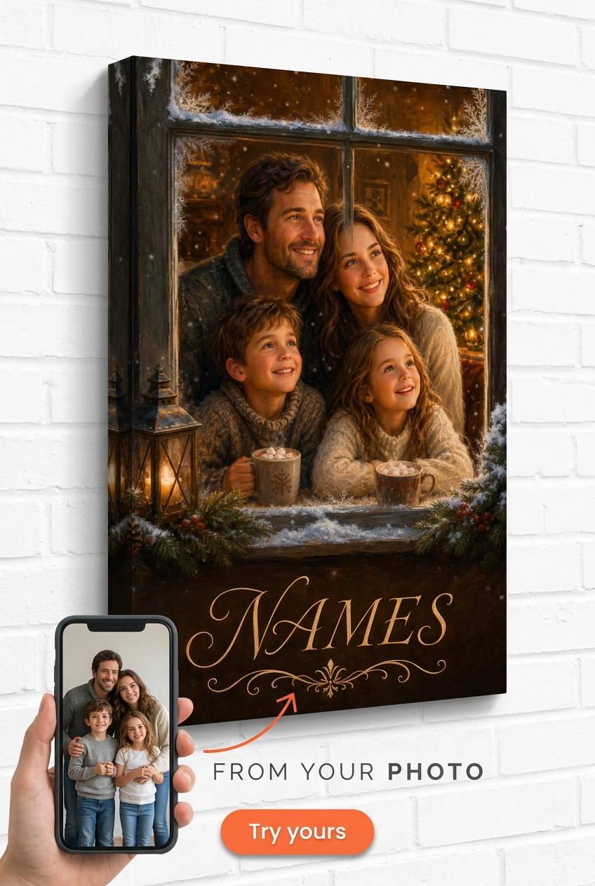 Custom Christmas Family Portrait — Festive Window Scene Canvas