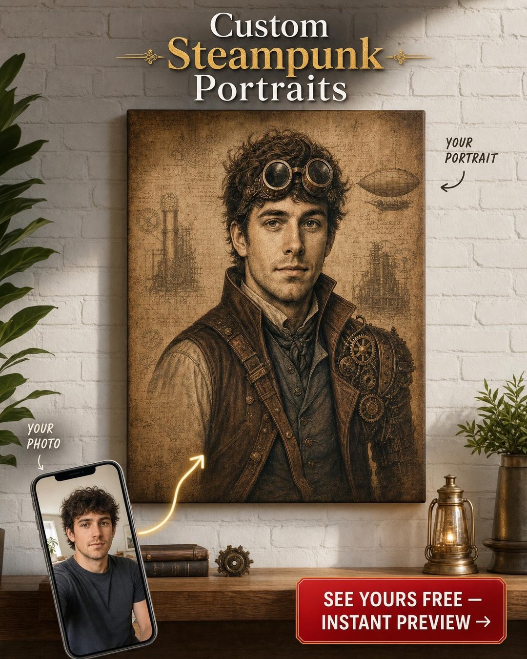 Steampunk Wanted Poster Custom Portrait from Photo | Personalized Canvas Gift