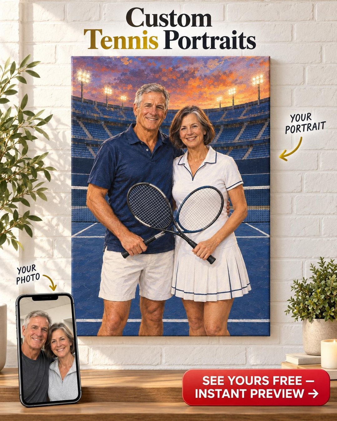 Mixed Doubles Tennis Custom Portrait from Photo | Personalized Tennis Gift