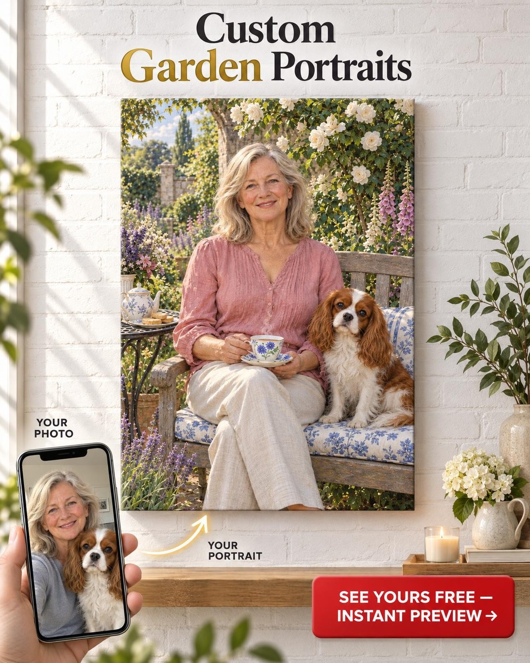 Tea with Her Pet Custom Portrait from Photo | Personalized Tea Lover Gift