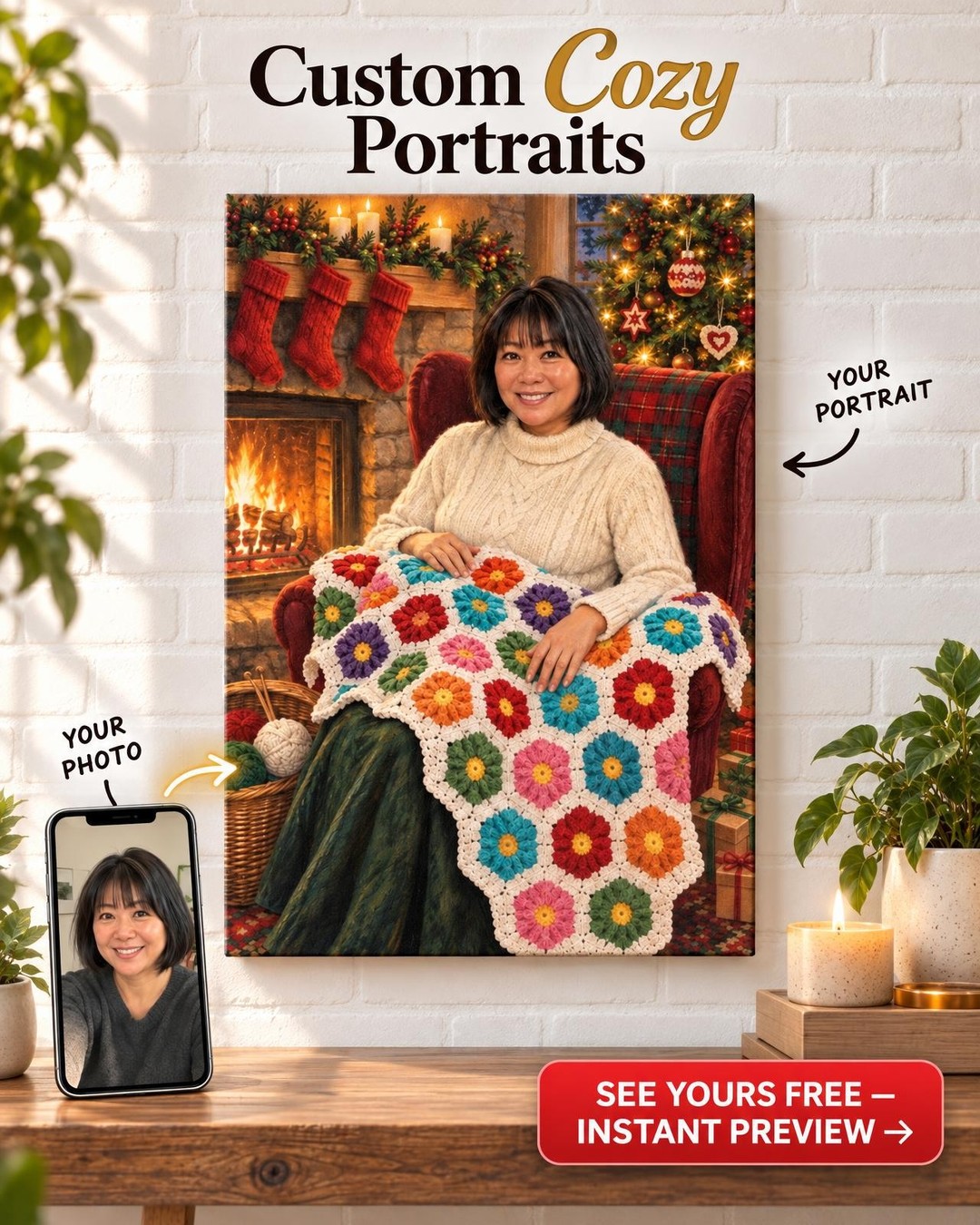 Christmas by the Fire Knitter Custom Portrait from Photo | Personalized Yarn Craft Gift