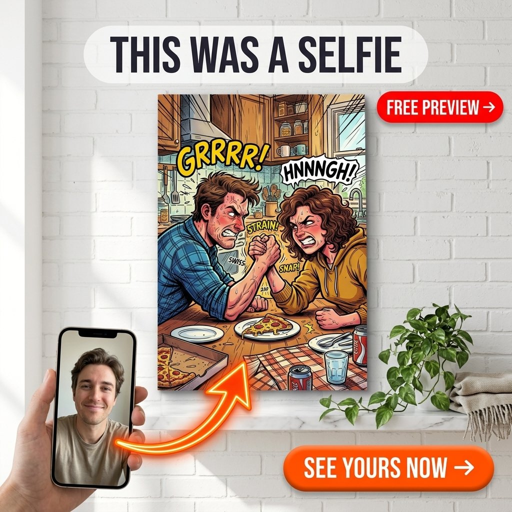 Custom Cartoon Couple Portrait — Whimsical Arm Wrestling Pizza Scene