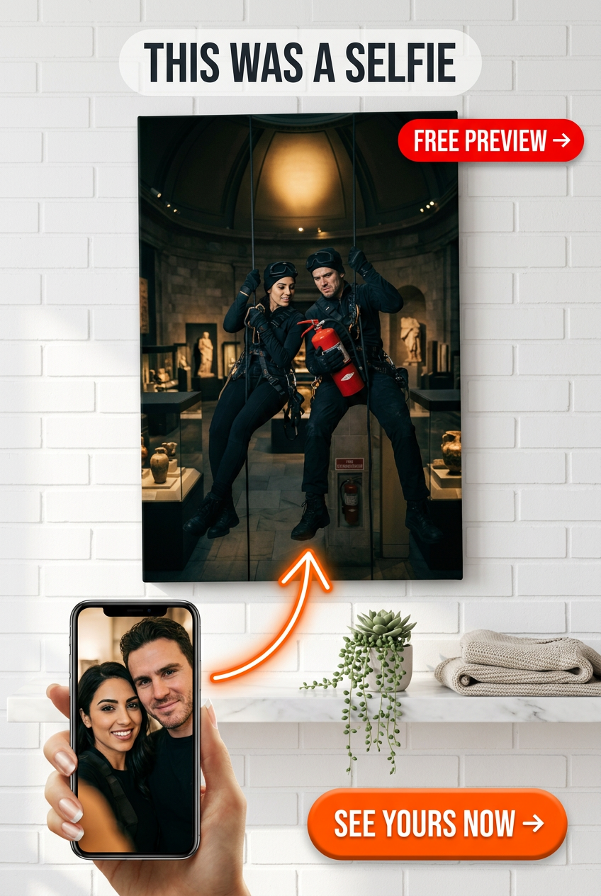 Custom Superhero Couple Portrait — Whimsical Museum Heist Canvas