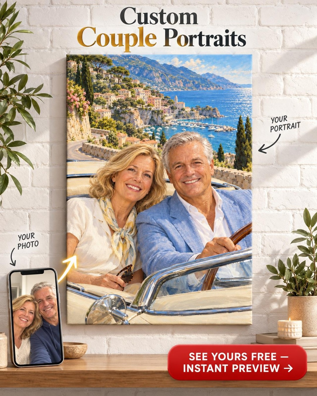 Riviera Convertible Couple Custom Portrait from Photo | Personalized Hollywood Portrait Gift