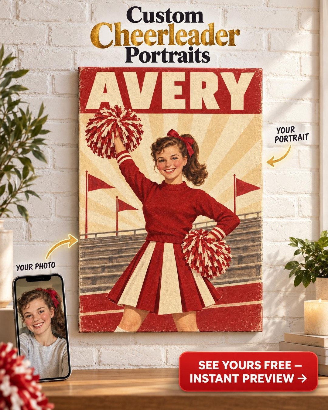 1950s Pep-Rally Custom Portrait from Photo | Personalized Cheer Portrait Gift