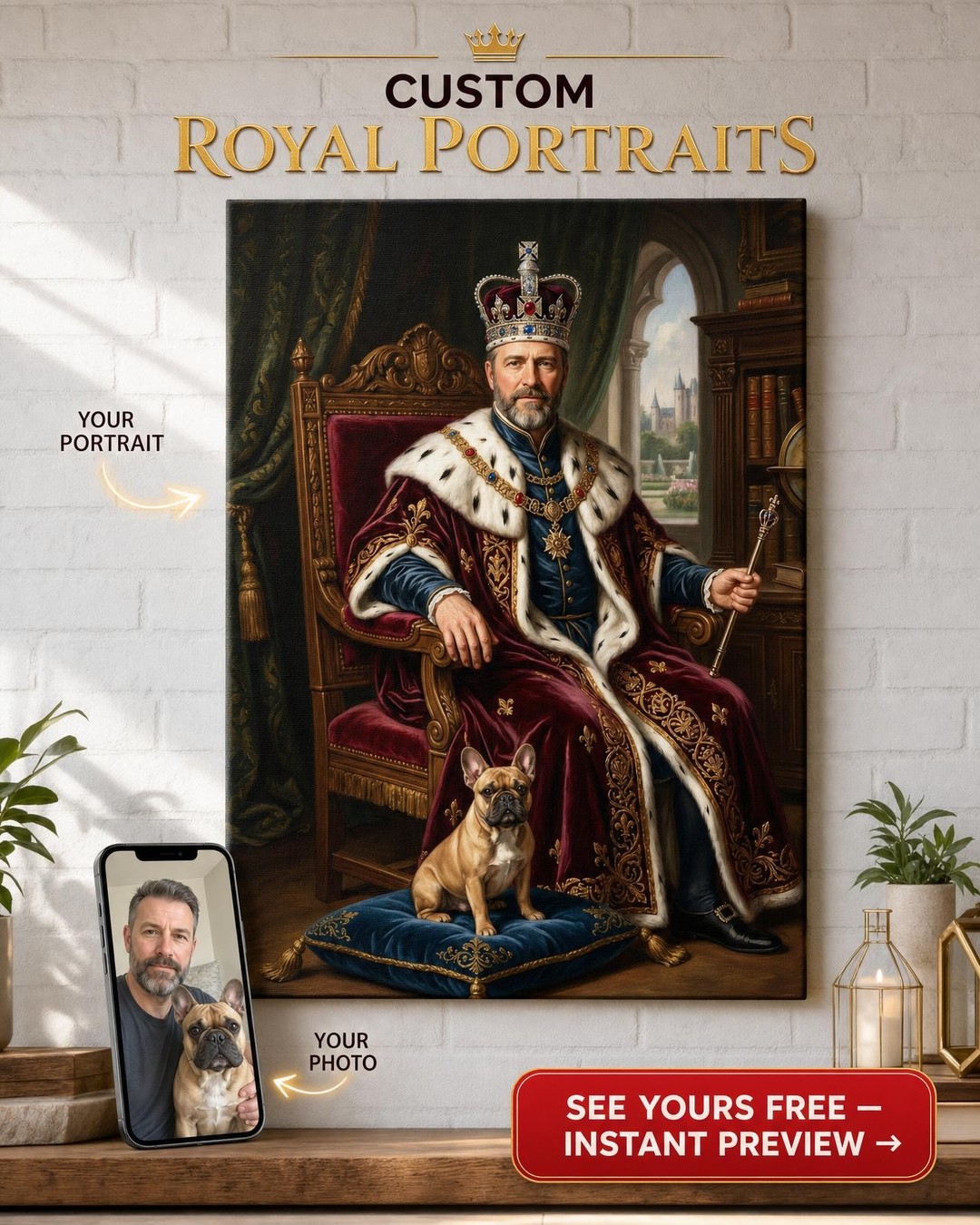 Custom Royal Man & Dog Portrait — Regal Throne Canvas