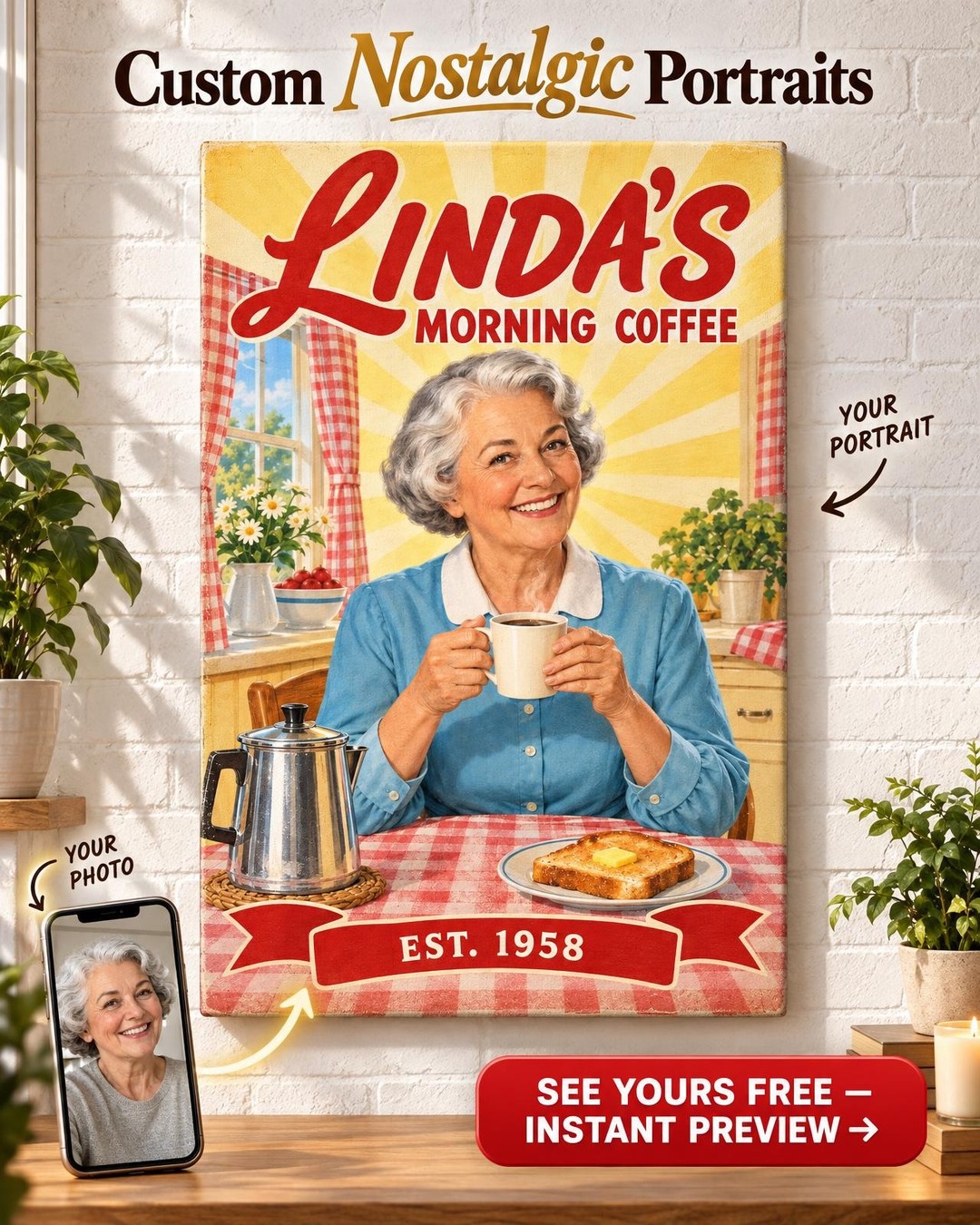 Her Morning Coffee Vintage Poster Custom Portrait from Photo | Personalized Coffee House Portrait Gift