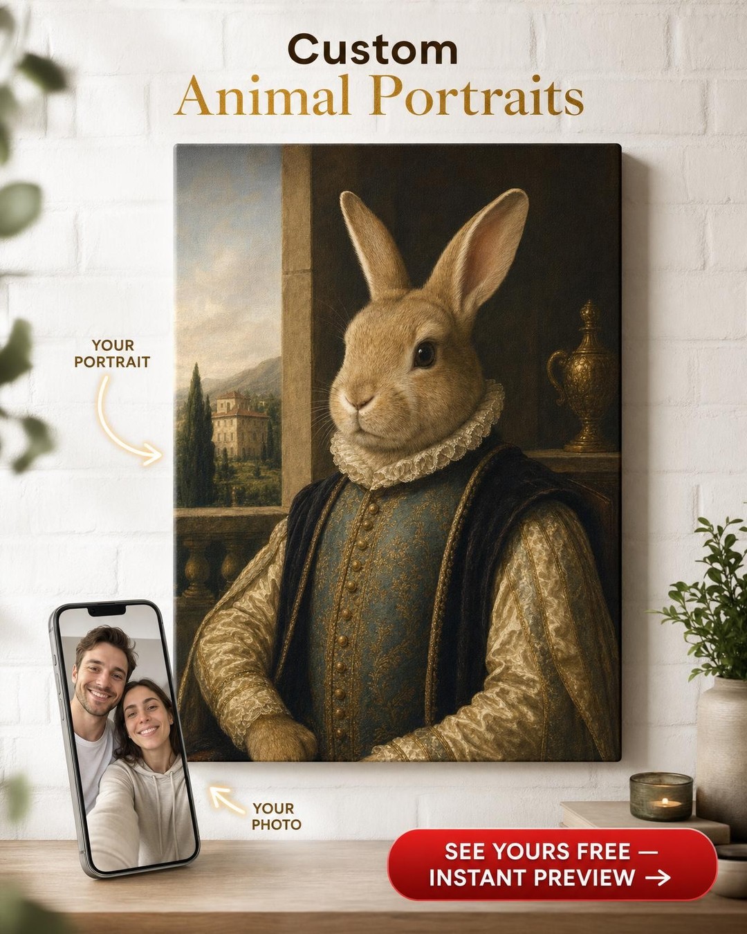 Custom Renaissance Cat Portrait — Whimsical Pet Canvas from Photo
