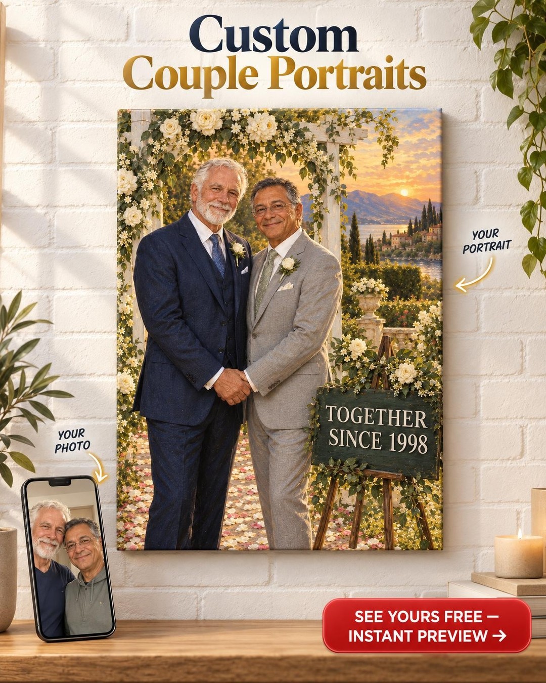Two Grooms Our Wedding Day Custom Portrait from Photo | Personalized LGBTQ Couple Gift