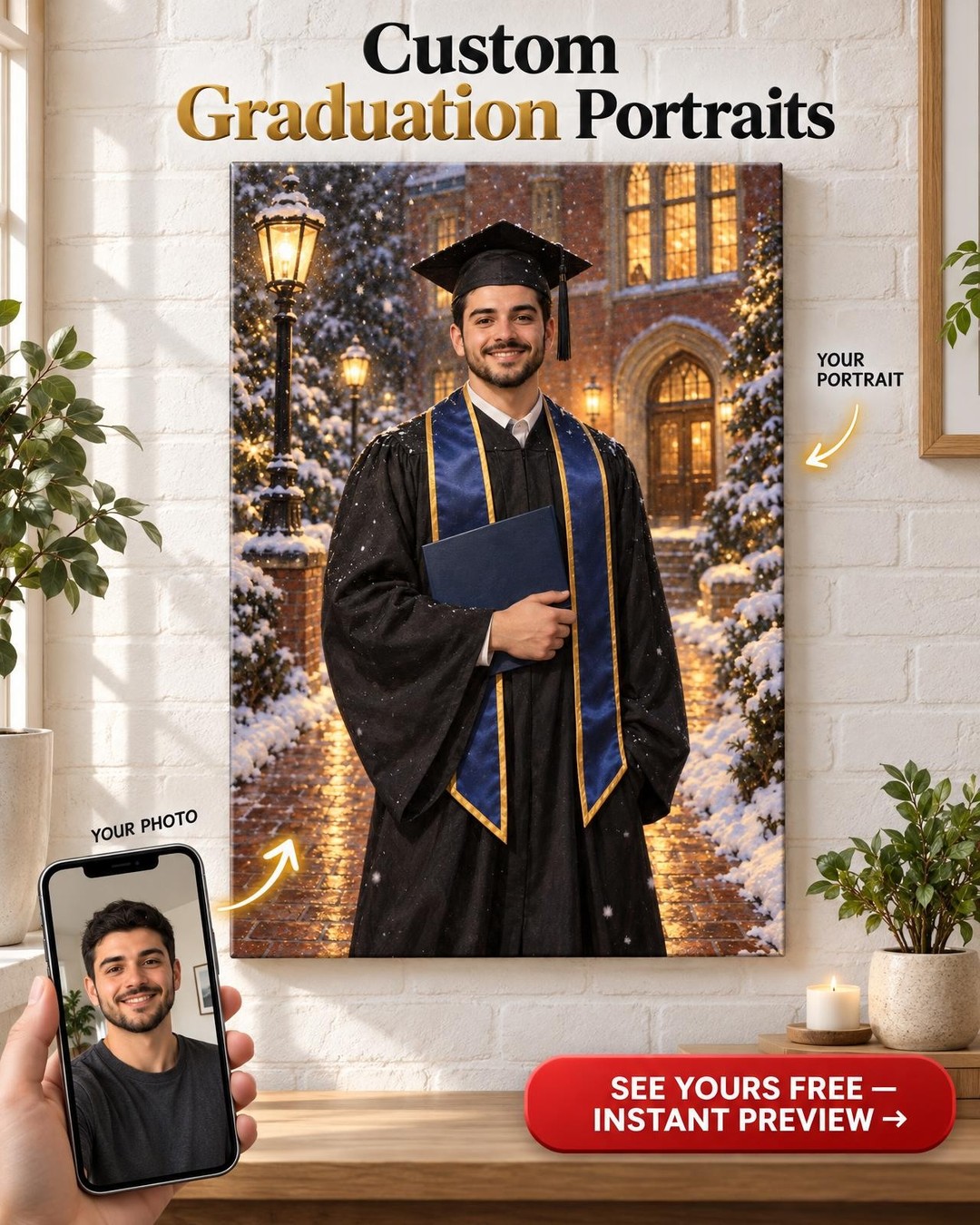 Winter Commencement Custom Portrait from Photo | Personalized Graduation Portrait Gift