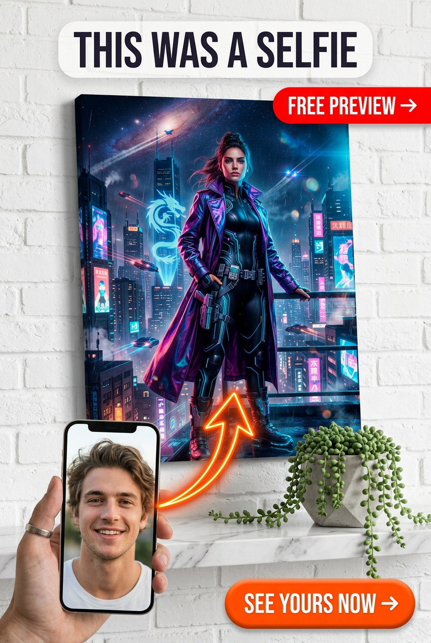 Custom Cyberpunk Man Portrait — Heroic Neon Canvas from Photo