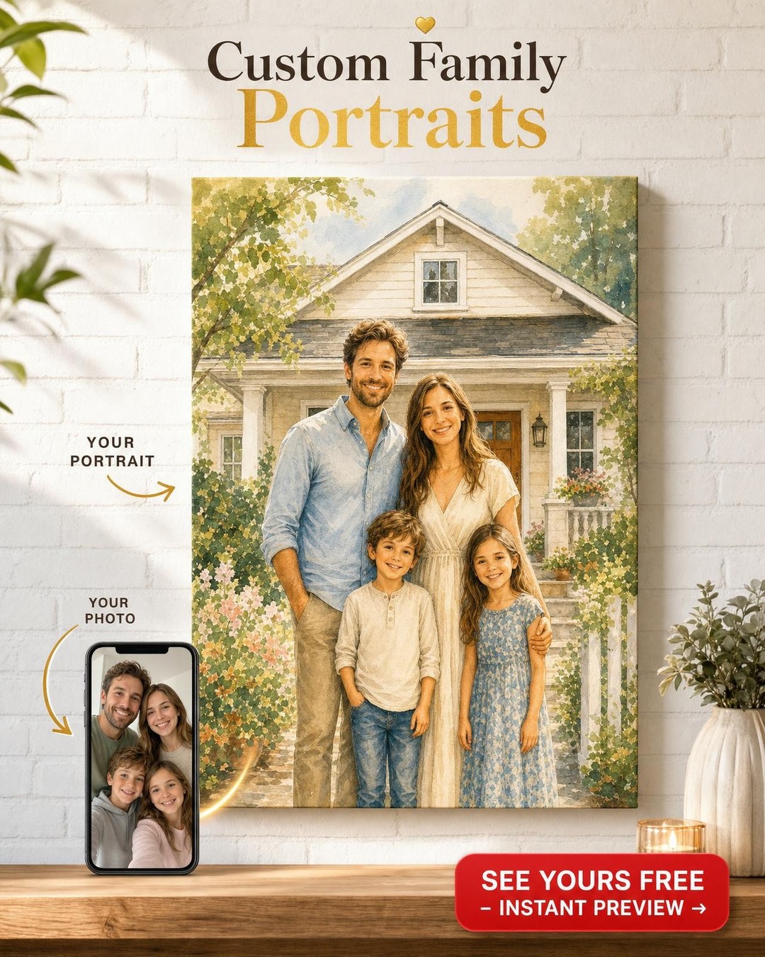 Custom Family Portrait Canvas — Serene House & Garden from Photo