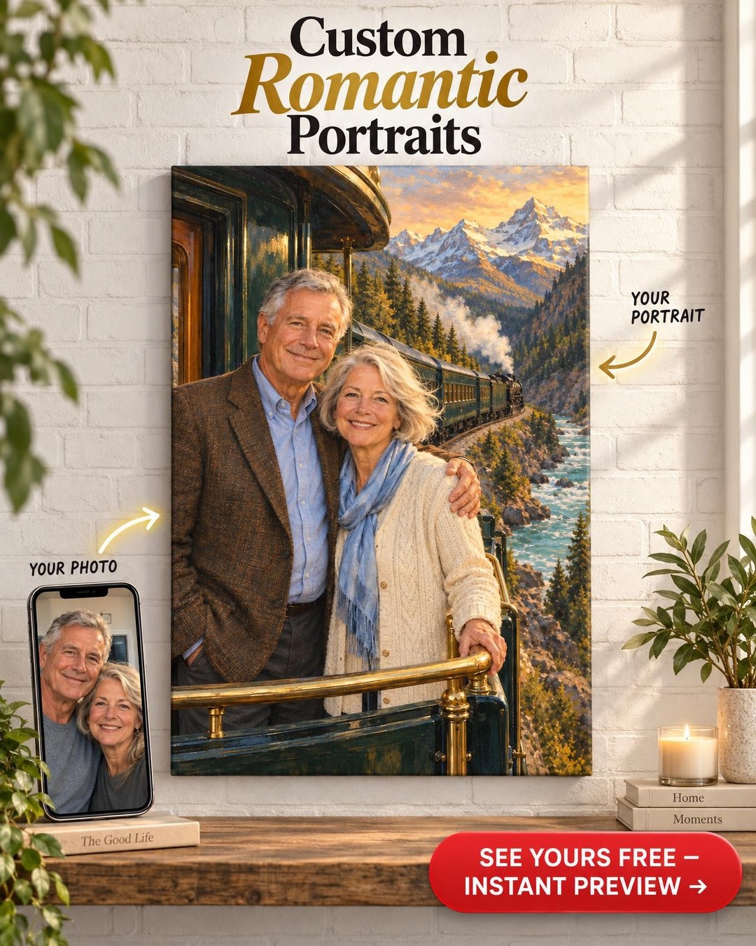 Vintage Train Journey Custom Portrait from Photo | Personalized Railroad Portrait Gift