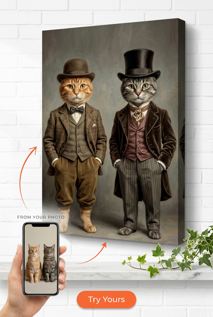 Custom Victorian Cat Portrait — Whimsical Multi-Pet Canvas