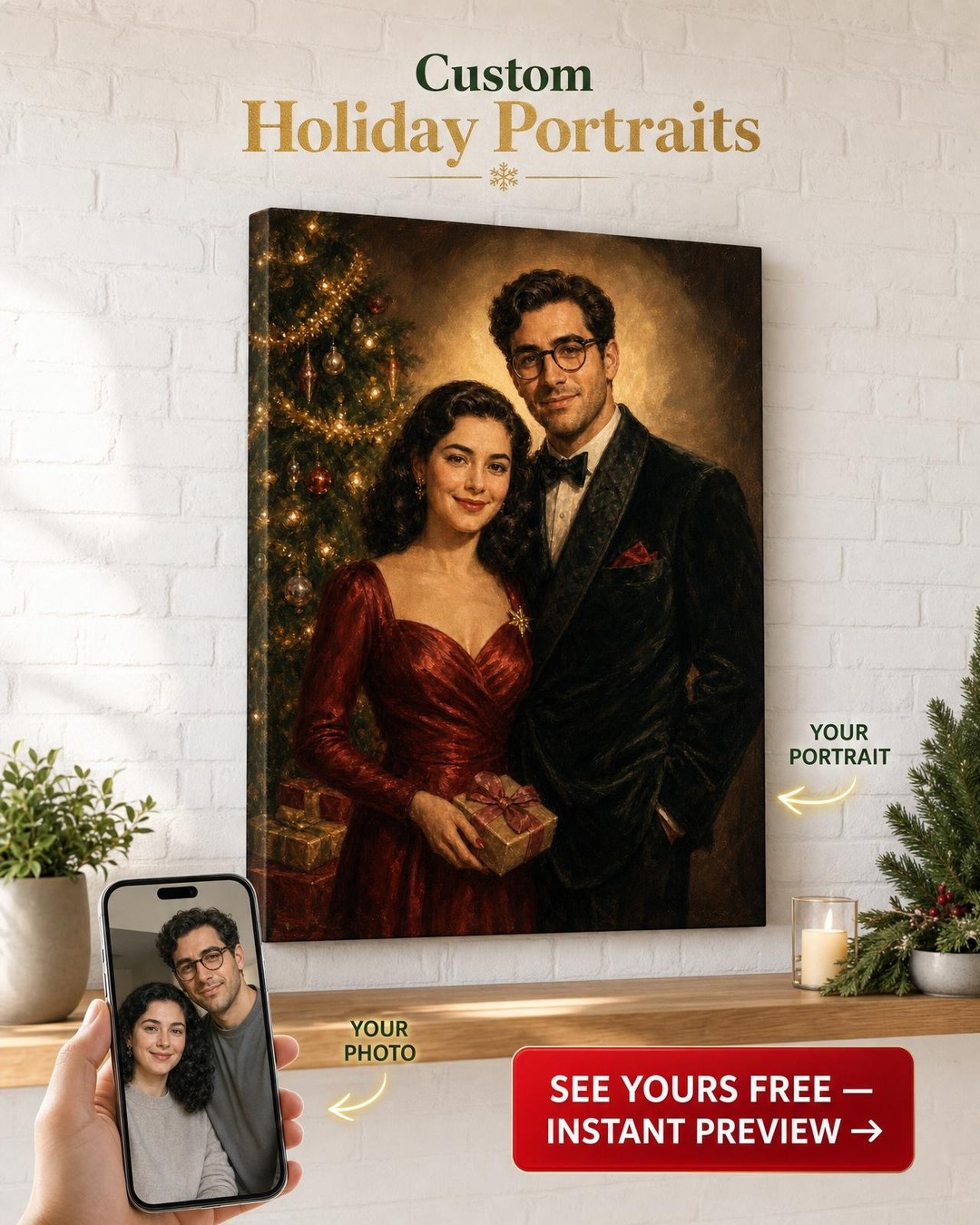 Custom 1940s Hollywood Christmas Tree Portrait — AI-regenerated portrait, fresh 